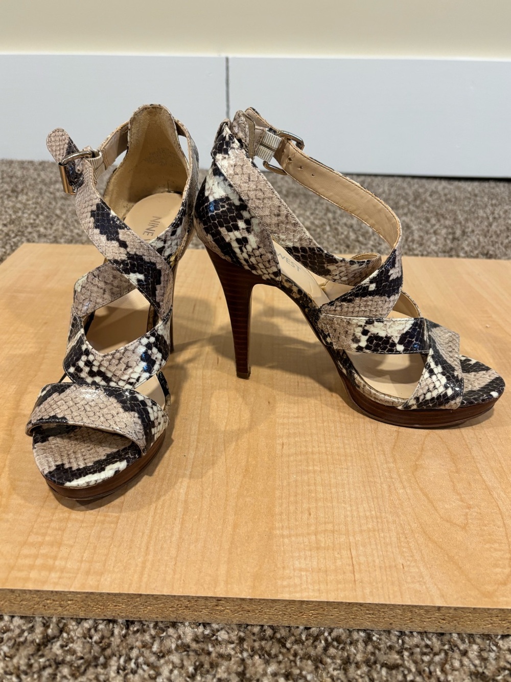 Nine West Snake-Print Strappy High Heels - Black, Cream, Brown